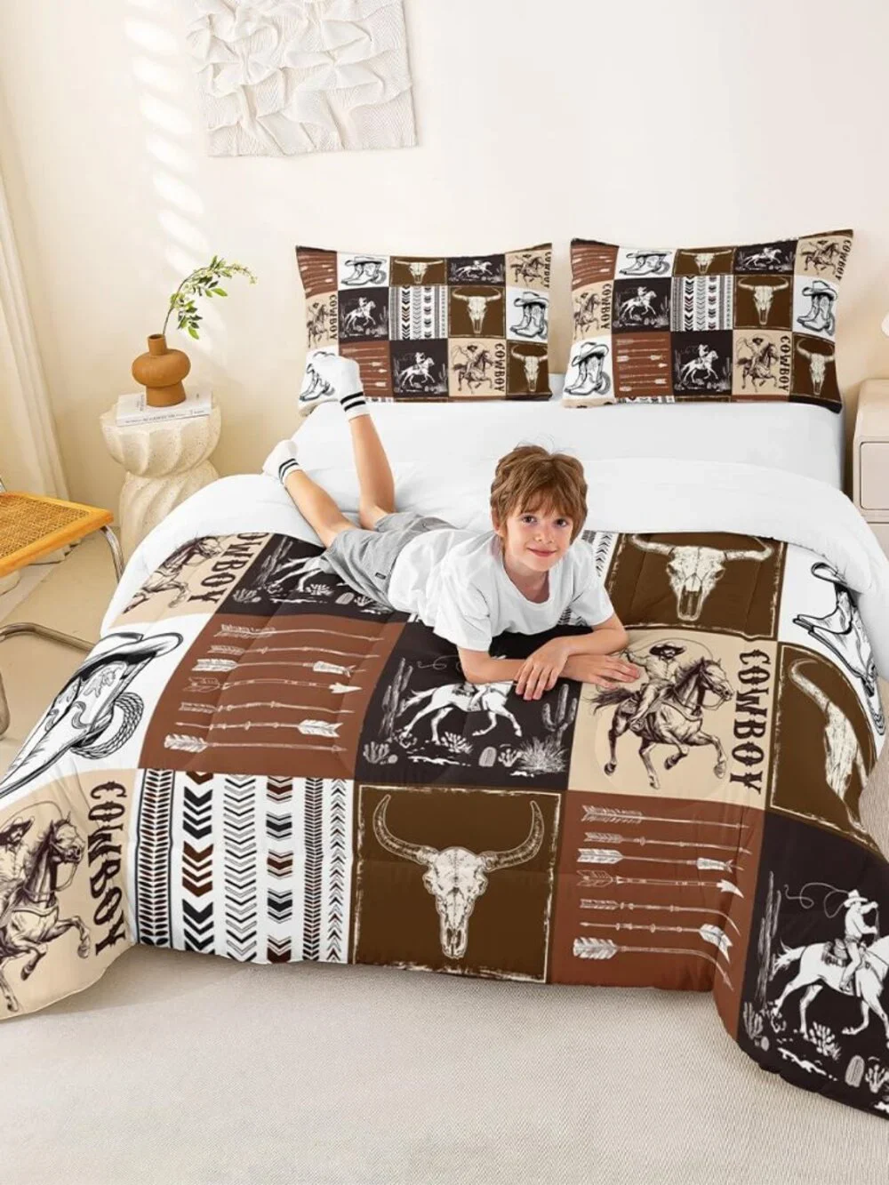Western Comforter Set Queen Size,Southwestern Aztec Country Horse Bedding Set 2p